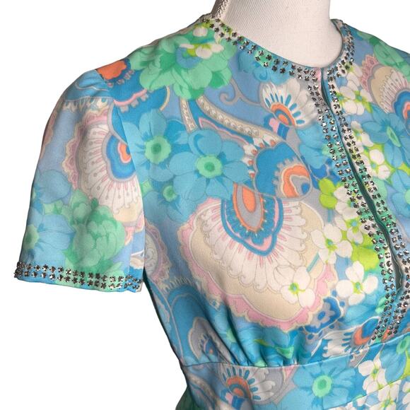 Vintage 60s 70s Nardiello for Rona NY Floral Dress DeepV Rhinestones Size Small - Picture 7 of 13